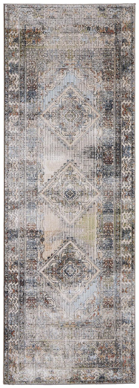 8′ Gray Red and Blue Abstract Distressed Runner Rug