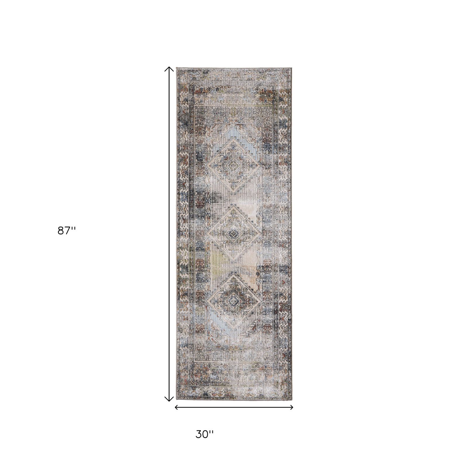 8′ Gray Red and Blue Abstract Distressed Runner Rug
