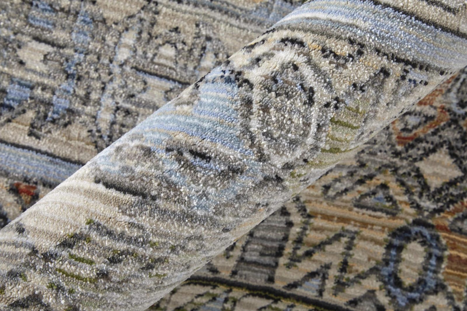 8′ Gray Red and Blue Abstract Distressed Runner Rug