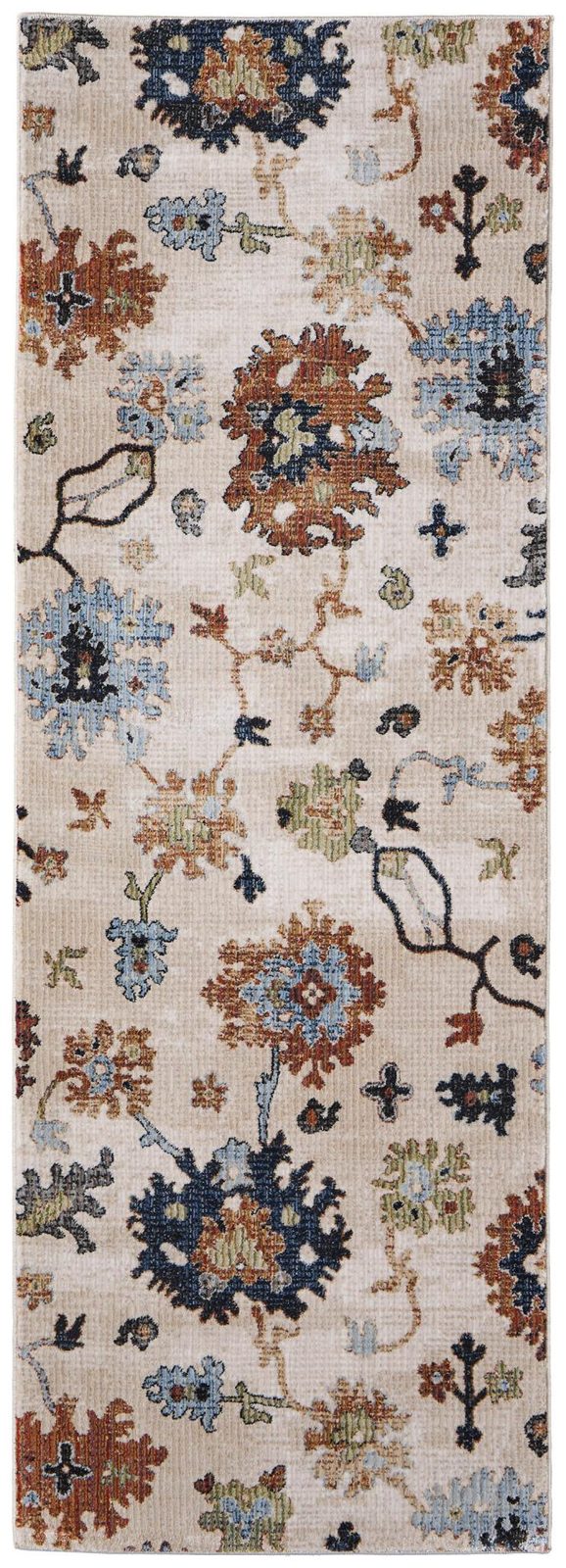 8′ Ivory Red and Blue Floral Runner Rug