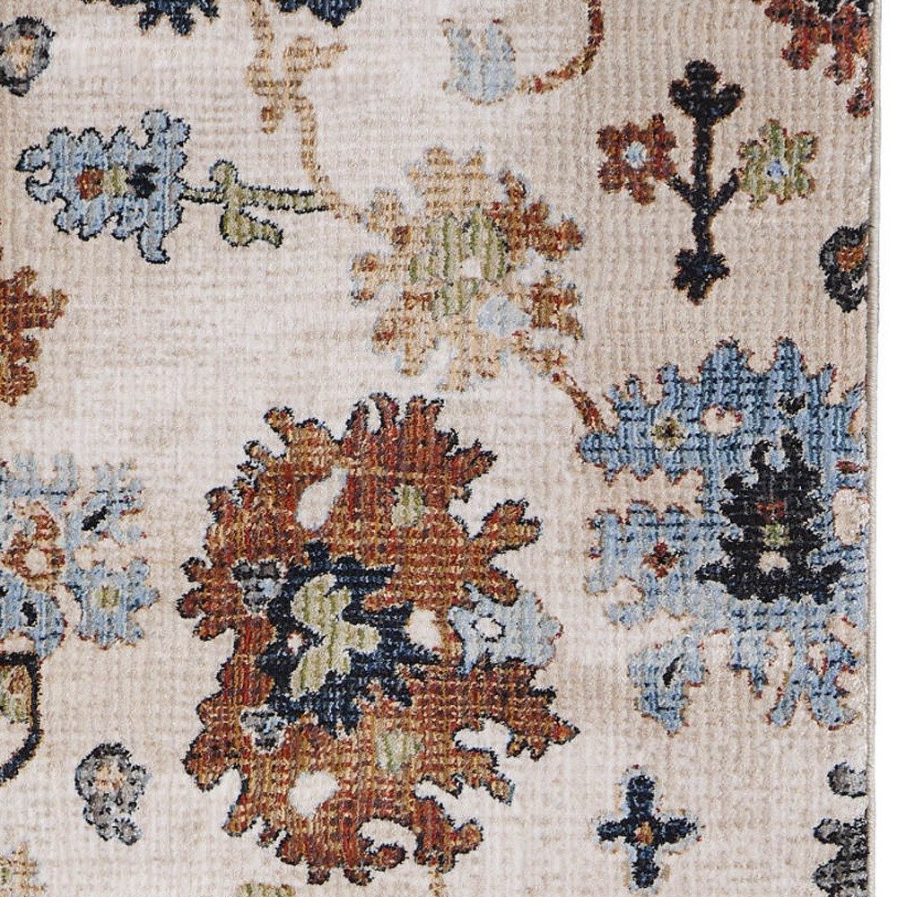 8′ Ivory Red and Blue Floral Runner Rug