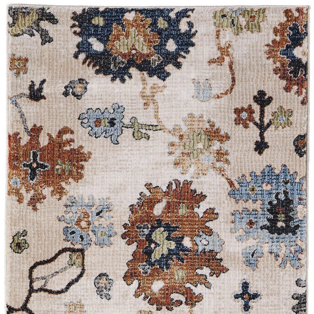 8′ Ivory Red and Blue Floral Runner Rug