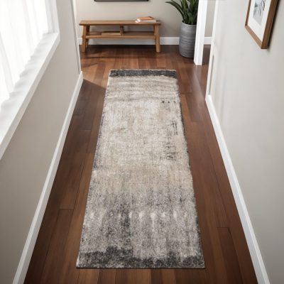 8′ Gray Ivory and Taupe Abstract Distressed Runner Rug