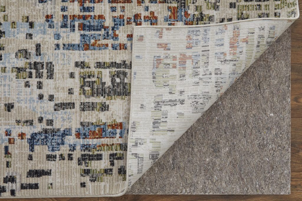 8′ Ivory Green and Blue Abstract Runner Rug