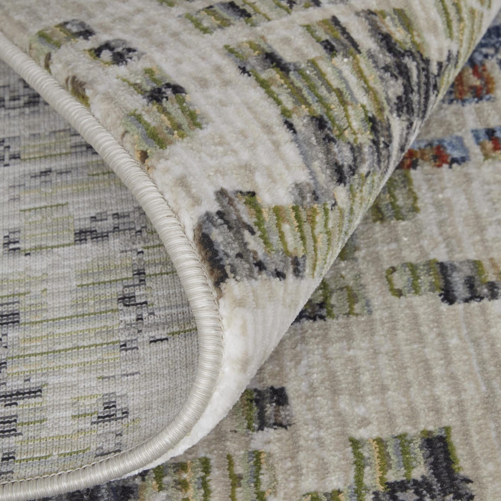 8′ Ivory Green and Blue Abstract Runner Rug