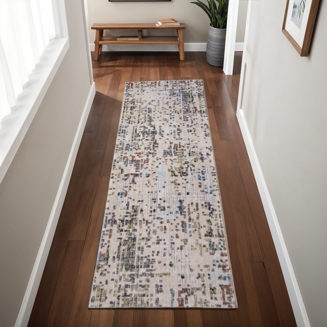 8′ Ivory Green and Blue Abstract Runner Rug