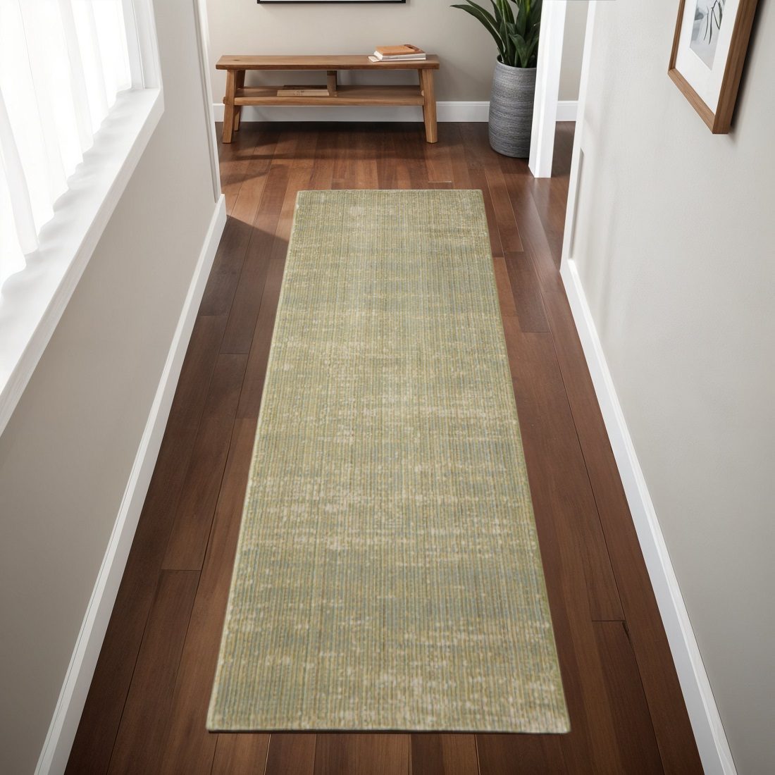 8′ Green and Tan Runner Rug