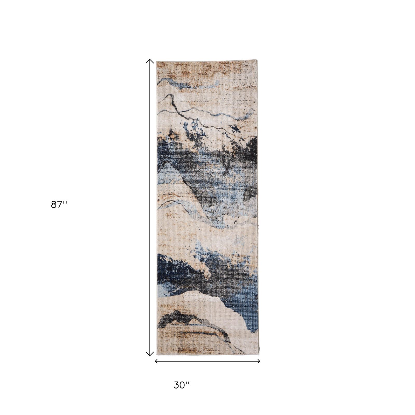 8′ Tan Blue and Gray Abstract Runner Rug