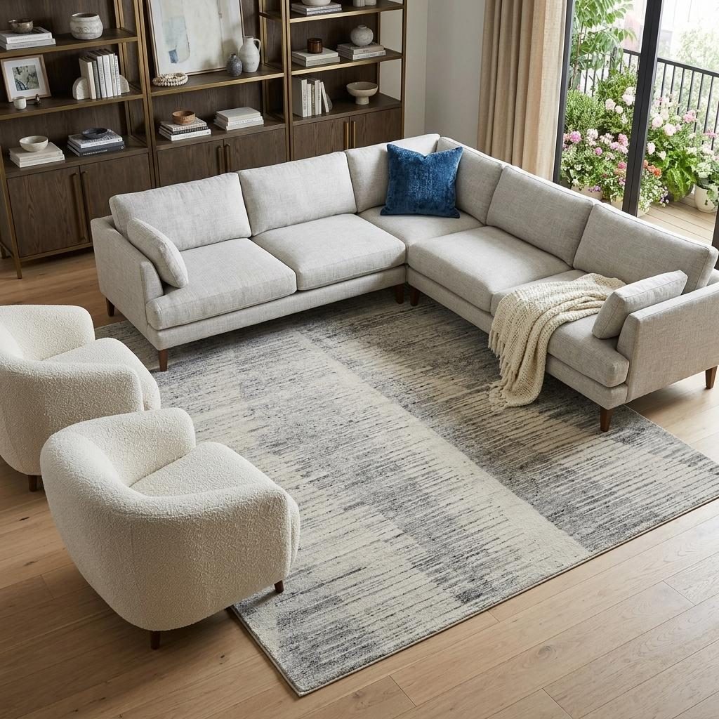 Silver and Ivory Striated Wool Rectangle Area Rug, 8′ × 12′