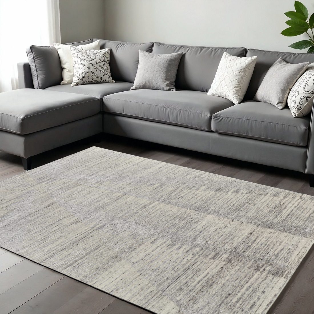 Ivory and Taupe Faded Wool Rectangle Area Rug, 9′ × 13′