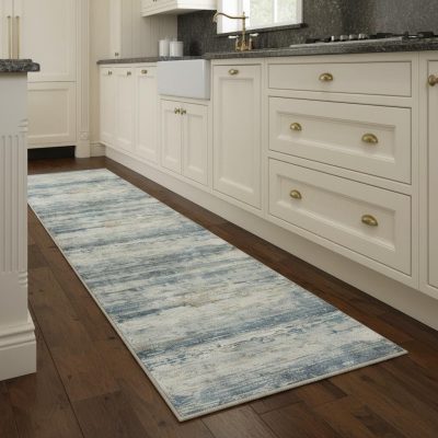 8′ Blue Red and Gray Abstract Washable Area Rug