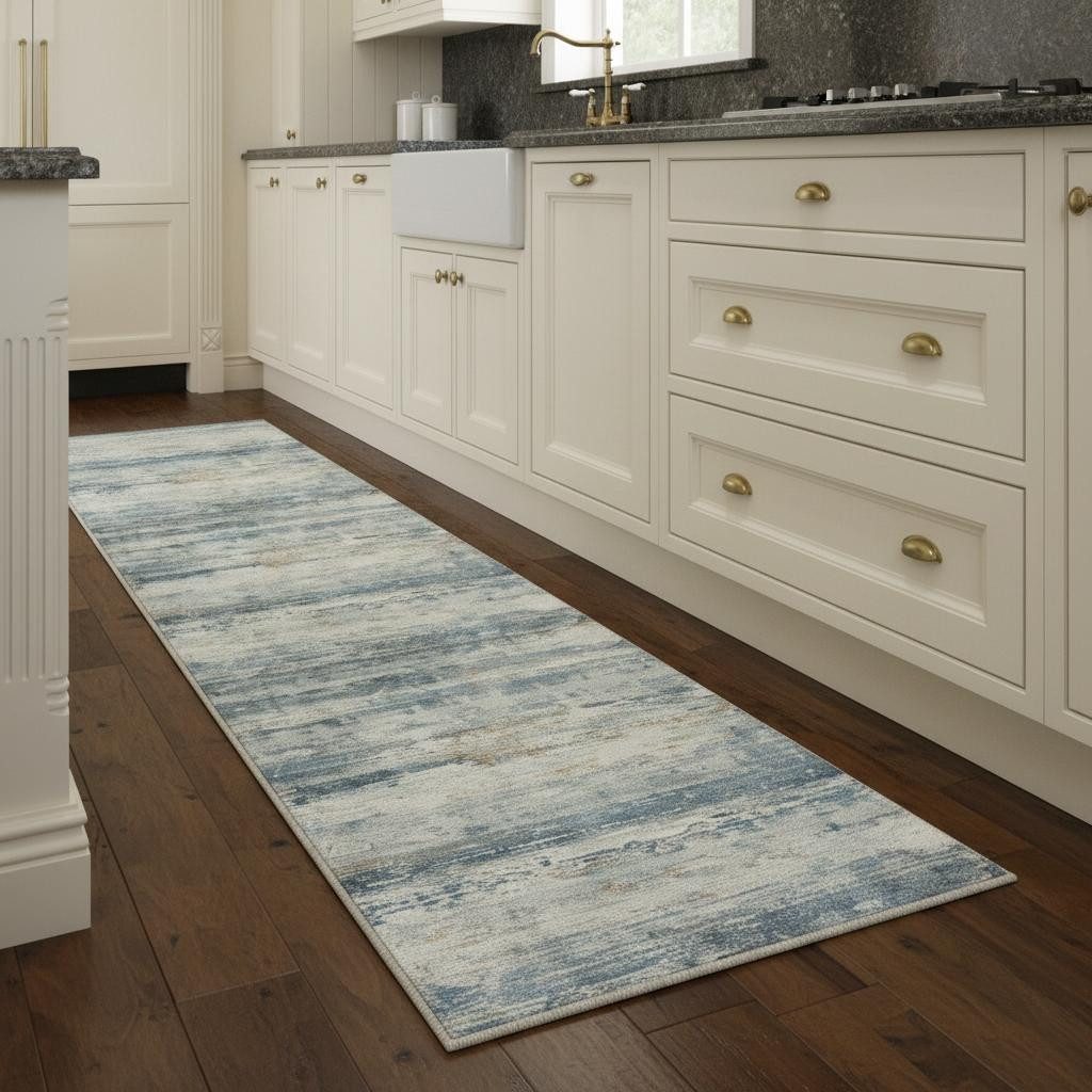 8′ Blue Red and Gray Abstract Washable Area Rug